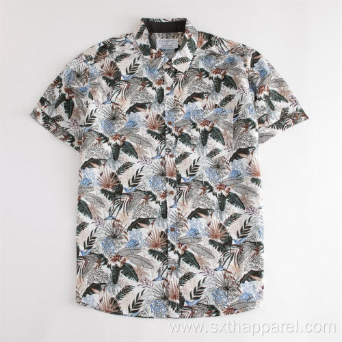 Men's Brown Flowers Pattern Short Sleeve Print Shirt